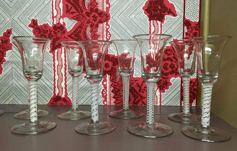 Figure 8. Air-twist and Spiral cut Stem Wine Glasses, 1750–1780, English or European. Museum purchases. The far left spiral cut stem glass is on loan from the Portsmouth Historical Society.