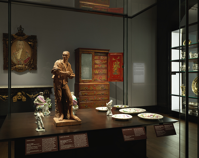 Installation view of the Chelsea porcelain case, the British Galleries, The Metropolitan Museum of Art