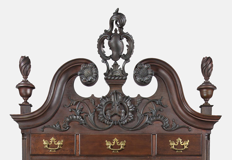 Detail of David Kinsey and Samuel Appleton, High Chest of Drawers, 1758–1765, Philadelphia, PA. Mahogany, oak, white cedar, and yellow pine, with original brass. Purchased with the Membership Fund, PMA 1923-58-1.