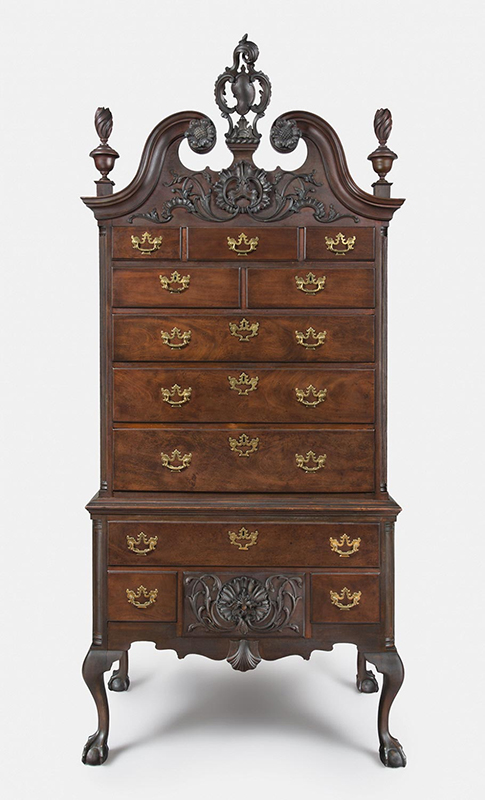 David Kinsey and Samuel Appleton, High Chest of Drawers, 1758–1765, Philadelphia, PA. Mahogany, oak, white cedar, and yellow pine, with original brass. Purchased with the Membership Fund, PMA 1923-58-1.