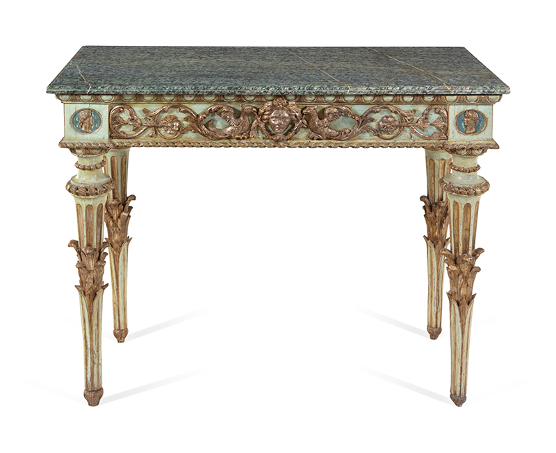 An Italian Neoclassical Green-Painted and Parcel Gilt Marble-Top Console Table. Late 18th Century. 31 ¼ x 46 ¾ x 23 ¼ in. Property Sold to Benefit the Acquisition Fund of The San Diego Museum of Art. Estimate: $3,000–$5,000.