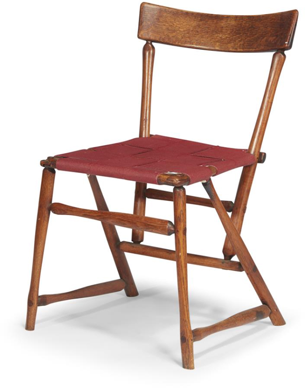Wharton Esherick, “Hammer Handle” Chair for Hedgerow Theatre, 1938, Paoli, PA. Hickory, oak, painted canvas belting. The Hedgerow Theatre Collection. Estimate: $5,000-7,000.