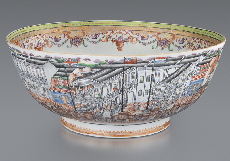 Punch Bowl with View of Hongs of Canton, around 1790, made in China for the American Market. Hard-paste porcelain with overglaze enamel and gilt decoration. Philadelphia Museum of Art, on loan from the Dietrich American Foundation.