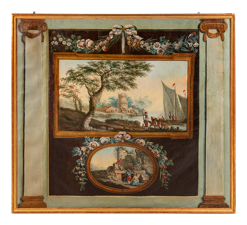 Ten French Painted Canvas Panels of Various Ports in France. 18th Century. Largest panel 73 ½ x 81 ¼ in. Property from a Robert Metzger-designed interior, Maryland. Estimate: $8,000–$12,000.