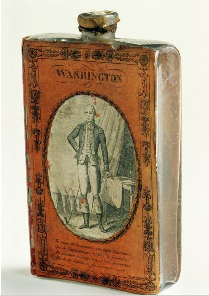 The “front cover” of the flask. The glass flask is formed in the shape of a book and covered with paper to create the front and back covers of a book on George Washington. Book Flask, 1988.0038. Courtesy of Winterthur Museum, Garden & LIbrary.