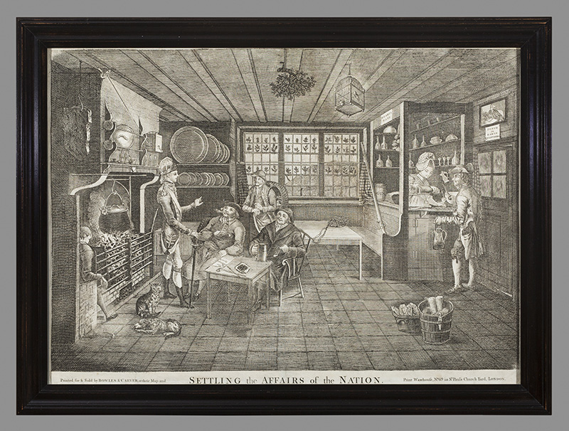 The trade sign may have hung outside a tavern “at the Golden Boot,” welcoming visitors into a noisy and socially distinct space during the 18th or 19th century. Print (Line etching), Settling the Affairs of the Nation, Bowles & Carver (Publisher and printseller), London, England, 1794-1800, 1973.0561.