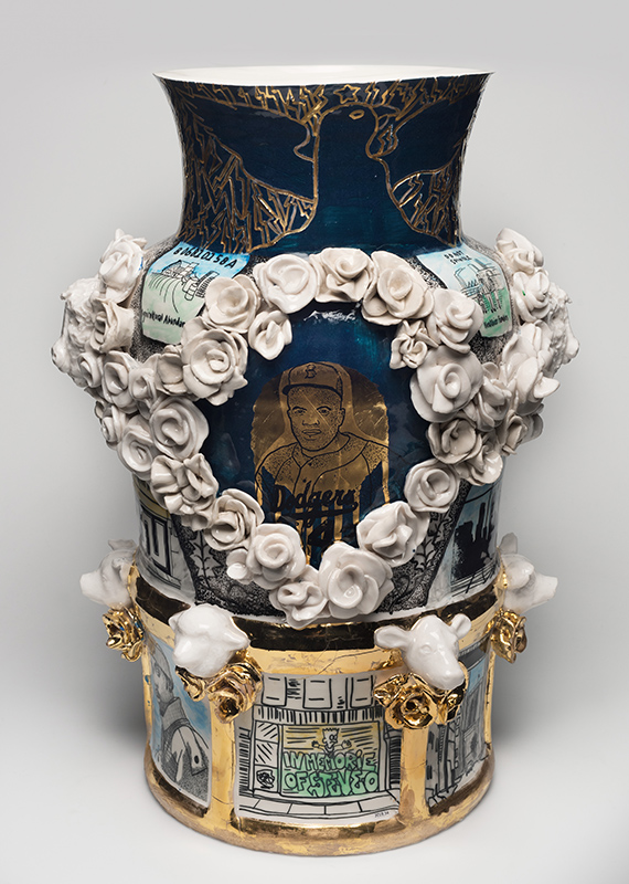 Roberto Lugo, Brooklyn Century Vase, 2019. Porcelain, china paint. Brooklyn Museum, Purchased in memory of Dr. Barry R. Harwood, Curator of Decorative Arts at the Brooklyn Museum, 1988-2018; H. Randolph Lever Fund, 2019.34. ©Roberto Lugo.