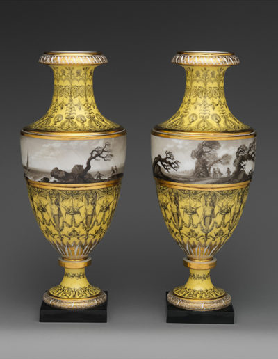 Dihl et Guérhard, possibly painted by Jean-Baptiste Coste, Pair of vases with landscapes at sea and on land, Paris, c. 1797-8. Hard-paste porcelain with enamel decoration and gilding. Courtesy The Metropolitan Museum of Art, Wrightsman Fund, 2014.