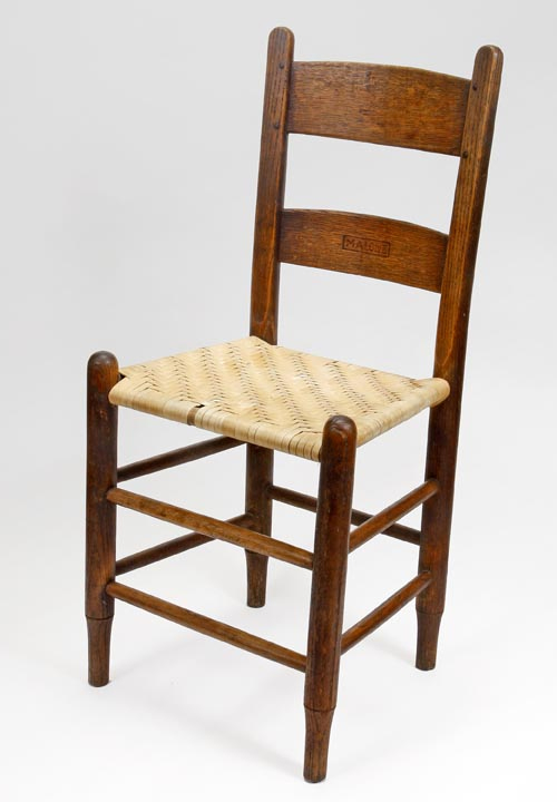 Figure 3. Side chair, 1925–1975, Washington County, VA. Wood, woven seat (replacement). Stamped MALONE on the bottom slat. WA-3069-01.