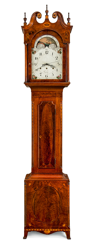 Figure 4. John George Hoff, Clock, 1800–1810, Lancaster, PA. Walnut, walnut veneer, lightwood inlays; painted tinned sheet iron, iron, glass. Promised gift of Leslie Miller and Richard Worley.