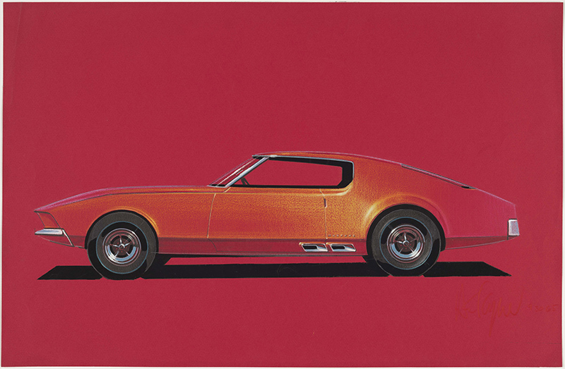 Figure 4. Howard Payne, “Ford Mustang,” 1965; prismacolor and gouache on red charcoal paper. Collection of Brett Snyder.