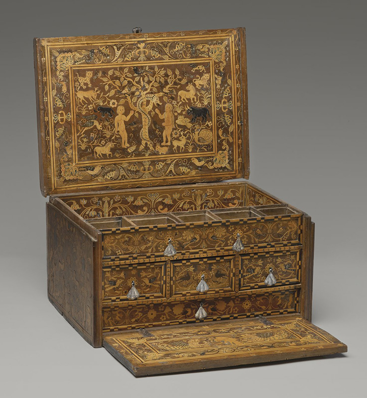 Traveling Desk (Escritorio), early 18th century, Moxos Region, Bolivia or Peru. Cedar or walnut, citrus and other wood inlays, and iron. Brooklyn Museum, Gift of Leo E. Fleischman, 45.175.5.