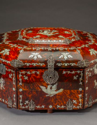 Dressing Case, Jewelry Box, or Casket; 1660-1710; Mexico, probably Mexico City or Puebla; Spanish cedar, spruce, tortoiseshell, silver, mother-of-pearl, silk, paint, and mirrored glass; Gift of Her Majesty, Queen Elizabeth II of England, 1957-164,A. Image courtesy of Colonial Williamsburg Foundation.
