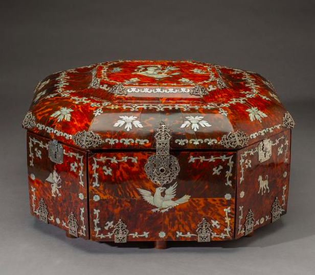 Dressing Case, Jewelry Box, or Casket; 1660-1710; Mexico, probably Mexico City or Puebla; Spanish cedar, spruce, tortoiseshell, silver, mother-of-pearl, silk, paint, and mirrored glass; Gift of Her Majesty, Queen Elizabeth II of England, 1957-164,A. Image courtesy of Colonial Williamsburg Foundation.