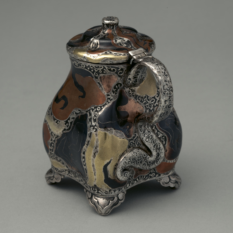 Tiffany & Co., Mustard Pot, c. 1879. Silver, copper, gold, copper-gold and copper-platinum-iron alloys, niello. The Metropolitan Museum of Art, New York, Purchase, Friends of the American Wing Fund and Emma and Jay A. Lewis Gift, 2016, 2016.689.