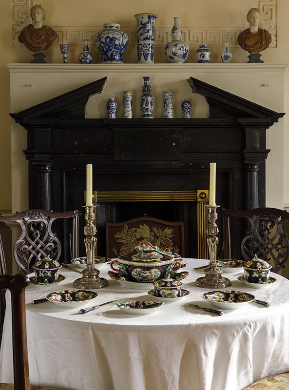 Setting with various pieces decorated in the Lady Betty Cobbe pattern in the Dining Room at Newbridge House, soft-paste Worcester porcelain, Cobbe Collection.