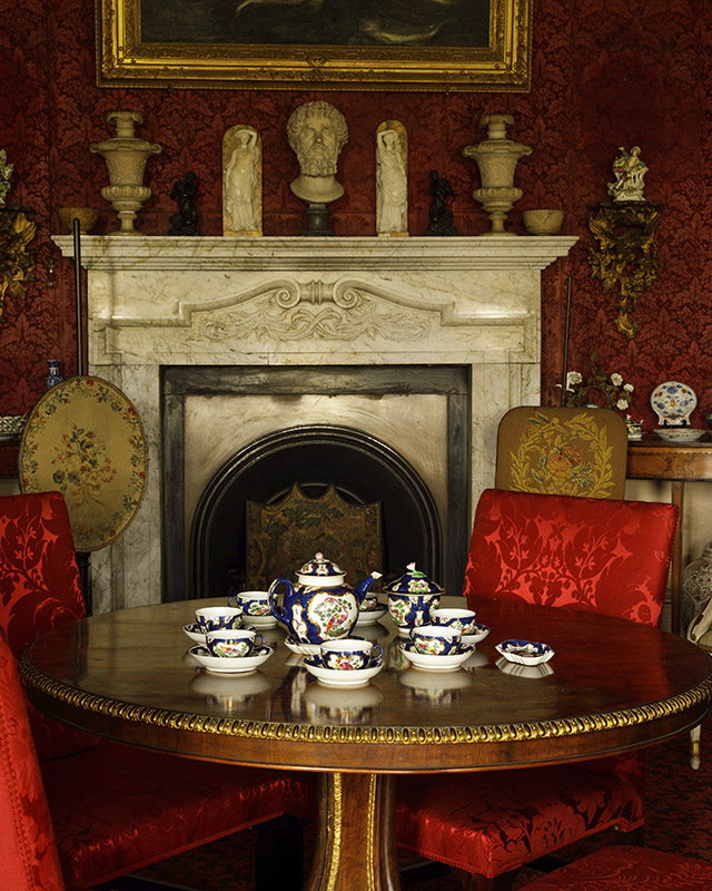 Worcester tea china decorated in the Lady Betty Cobbe pattern in the Drawing Room at Newbridge House, Co. Dublin, Cobbe Collection.