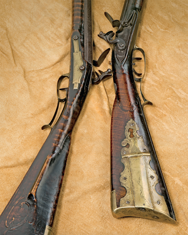 Kentucky Longrifles by the Humble brothers, c. 1785. Conrad’s rifle is on the left, Michael's on the right. Their story is told within the chapter, "Kentucky’s Humble Family Gunsmiths.”