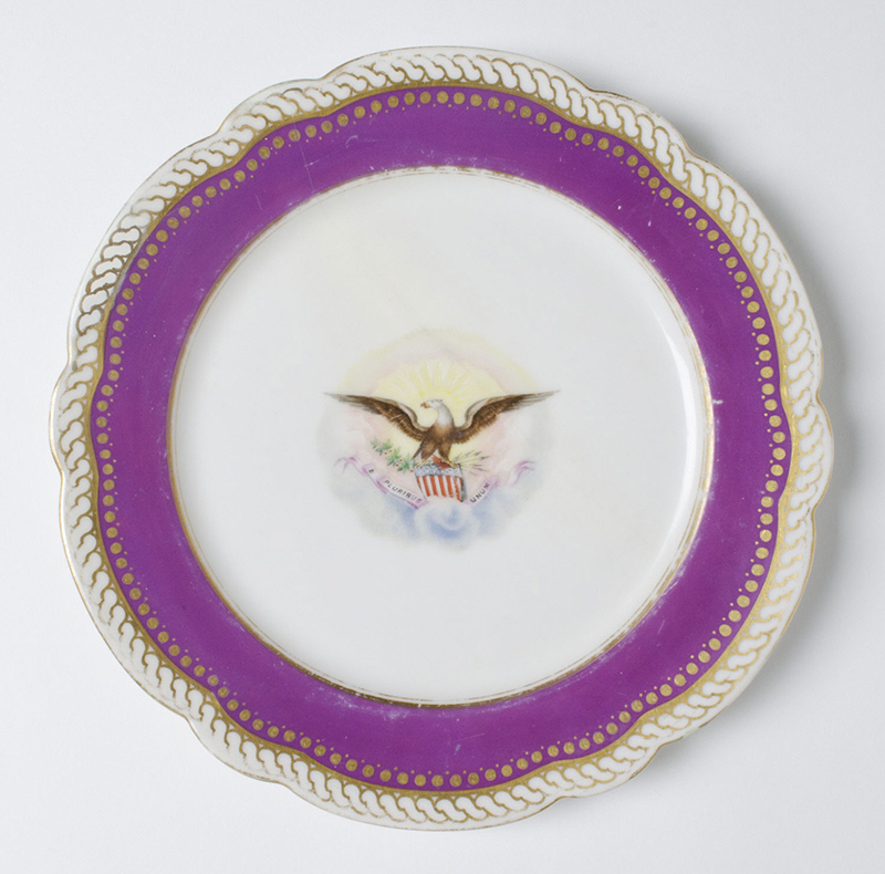 Artist/maker unknown, "Dinner Plate" from the state dinner and dessert service of Abraham Lincoln, 1861, decorated and sold by E. V. Haughwout and Company, New York. Porcelain with printed, enamel, and gilt decoration. Image courtesy of Philadelphia Museum of Art, 2021.