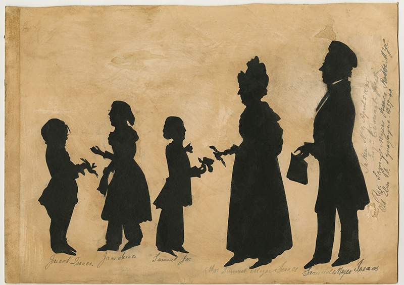 Augustin Amant Constant Fidèle Edouart, Full-Length Silhouette of Jacob Isaacs, Jane Isaacs, and Mr. and Mrs. Samuel Myer Isaacs with Samuel Jr., 1845. 8 4/5 x 11 in. Courtesy of AJHS.