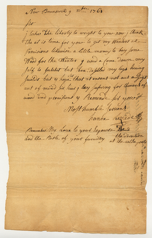 “Application for assistance from Hanna[h] Louzada, New Brunswick, N.J.,” Nov. 9, 1761. Papers of Jacques Judah Lyons, P-15. Courtesy of the American Jewish Historical Society.