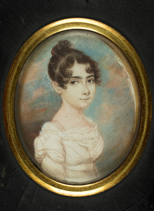 Anonymous, Portrait of Sarah Brandon Moses, ca. 1815–16. Watercolor on ivory; 2 ¾ x 2 ¼ in. Courtesy of AJHS.