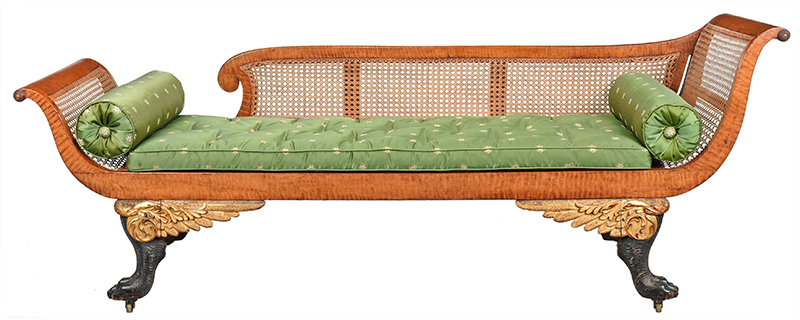 Figure 4. Grecian Sofa, 1815-1820, New York, NY. Tiger maple, gilt and vert antique. Lot 39, Brunk Auctions’ The William N. Banks, Jr. Estate Sale, September 2020. Photo courtesy of Brunk Auctions, Asheville, NC.