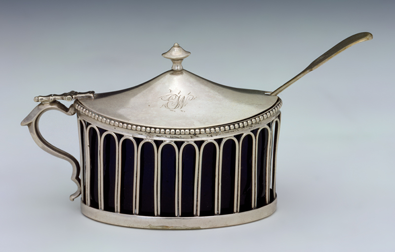EBERHARD: Mustard Pot, 1790–1810, China. Silver, glass. Peabody Essex Museum, Museum Purchase with funds from the Asian Export Art Visiting Committee, 2002, E81523.A-C.