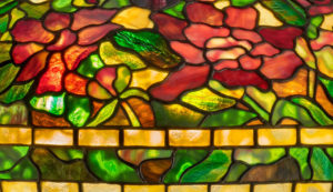 Figure 4. Maker unknown, Detail, Peony lampshade (forgery), 1970s. Leaded glass.