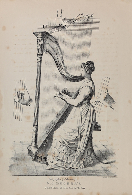Figure 6. Detail illustrating the role of the music stool in proper physical set up for playing the pedal harp, in Bochsa, Robert Nicholas. First Six Weeks, Daily Precepts and Examples for the Harp… London: D’Almaine & Co., n.d. Courtesy of the International Harp Archives at Brigham Young University, Provo, Utah.
