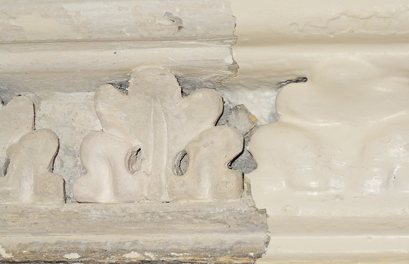 Figure 2. Paint analysis by Susan Buck determined that the plaster cornice and ceiling in the upstairs parlor were originally whitewashed.