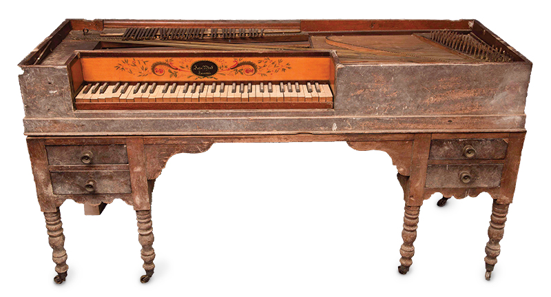Figure 10. After decades in a barn, this c. 1810 John Wind piano forte will soon be playable again thanks to the work of John Watson and Tom Snyder. Photo courtesy of John Watson.