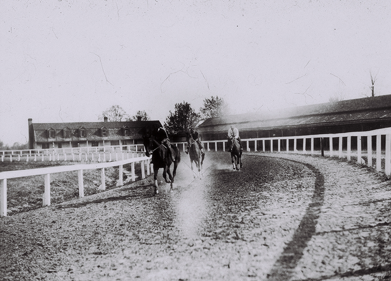 Figure 2. An early-20th-century photograph of racehorses exercising on the Whitney Field training track. In the background, one of the training barns stands to the right of the bunkhouse for racing stable employees. The polo field is in the track’s infield. Courtesy of the Aiken Thoroughbred Racing Hall of Fame & Museum.