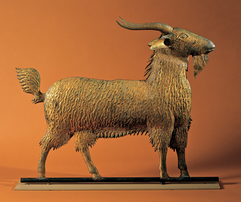 Figure 3. Artist unidentified, Goat, c. 1880, Northeastern United States. Molded and sheet copper with yellow sizing and gold leaf. Collection of Julie and the late Carl M. Lindberg. Photograph by Gavin Ashworth; courtesy Allan Katz Americana, Madison, CT.