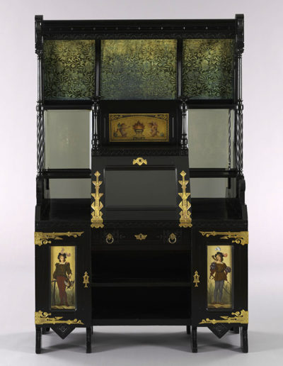 Kimbel and Cabus, Desk and Display Cabinet, c. 1876, New York, NY. Ebonized cherry, gilding, polychrome, silver, mirrored mercury-tin amalgam and clear glass, velvet, brass. The Baltimore Museum of Art; The Richard C. von Hess Foundation Acquisition Fund; partial gift of Michael and Anis Merson; and purchase with exchange funds from Bequest of Margaret Anna Abell; Bequest of Eleanor M. Anderson; Bequest of Alice Worthington Ball; Decorative Arts Fund; Gift of Elizabeth S. Ellis, from the Estate of Margaret Anna Abell; Gift of William Bose Marye; Bequest of Margaret D. Morriss; Gift of Abram Moses, in Memory of his Wife, Carrie Gutman Moses; Gift of Mrs. John W. Nicol, Jr.; Gift of Merrell L. Stout, Jr., in Memory of his Father, Dr. Merrell L. Stout, BMA 1999.150. Photo by Mitro Hood.