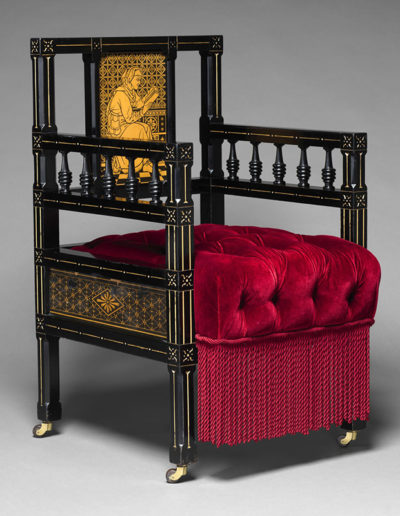 Kimbel and Cabus, Chair, c. 1875, New York, NY. Ebonized cherry, gilding, paper, modern textile. Metropolitan Museum of Art, New York; Promised Gift of Barrie A. and Deedee Wigmore, L.2019.66.30. © The Metropolitan Museum of Art. Photo by Art Resource, NY.