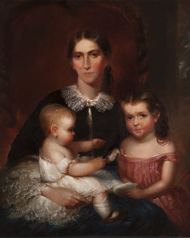 Figure 4. Edward Caledon Bruce, Portrait of Eliza T. Bruce and Her Children Mary Hubard Bruce and Eliza Caledon Bruce, 1866, Winchester, VA. Collection of the MSV, Museum Purchase with funds from the Gaunt Collectors Society, 2016.01.1. Photo by Ron Blunt. This portrait depicts the artist’s wife and two daughters. The pose—with the central mother figure hugging the children close under each arm—is borrowed from Sully.