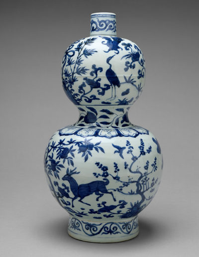 Figure 4. Gourd-Shaped Bottle with Deer and Crane in Landscape, mid-16th century, China. Porcelain painted in cobalt blue under clear glaze (Jingdezhen ware). The Metropolitan Museum of Art, New York, Purchase, Harris Brisbane Dick Fund and Anonymous Gift, 1965, 65.56.2.