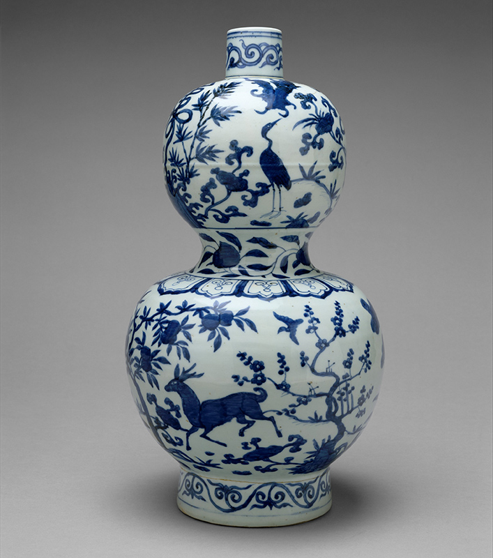 Figure 4. Gourd-Shaped Bottle with Deer and Crane in Landscape, mid-16th century, China. Porcelain painted in cobalt blue under clear glaze (Jingdezhen ware). The Metropolitan Museum of Art, New York, Purchase, Harris Brisbane Dick Fund and Anonymous Gift, 1965, 65.56.2.