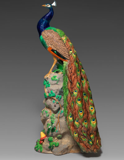 Paul Comoléra, designer, Minton & Co., manufacturer, Peacock, shape no. 2045, designed c. 1875, this example 1876. Earthenware with majolica glazes. The English Collection. Photograph: Bruce White.