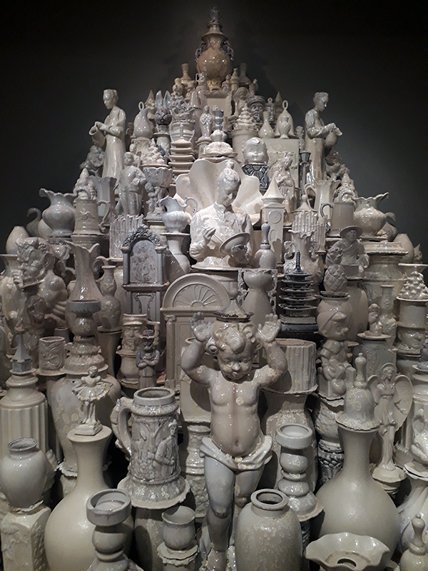 Walter McConnell, A Requiem in White (detail), 2020. Cast porcelain with crystalline glaze on tiered plywood shelving. Courtesy of Walter McConnell and Cross-Mackenzie Gallery, Washington, DC. Photo by the author.