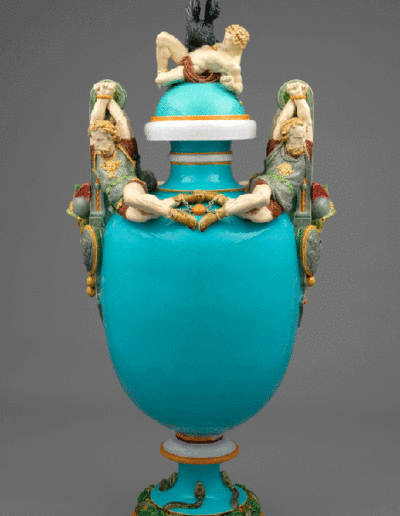 Victor Étienne Simyan, designer, Minton & Co., manufacturer, Prometheus Vase, shape no. 1328, Designed c. 1867, this example 1873, Stoke-upon-Trent, Staffordshire. Earthenware with majolica glazes. The English Collection. Photograph: Bruce White.