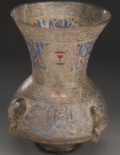 Syrian or Egyptian, Mosque Lamp, c. 1250. Non-lead glass, enameled and gilt. New Orleans Museum of Art, Gift of Melvin P. Billups in memory of his wife, Clarice Marston Billups.