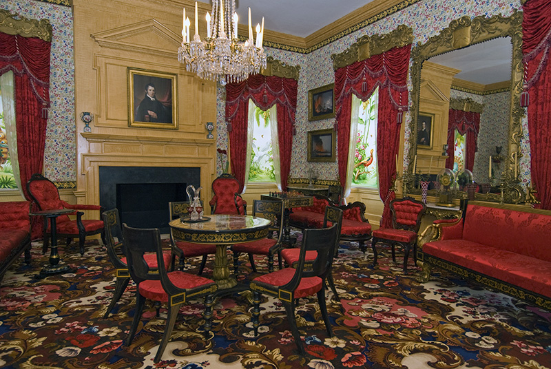 Drawing Room set to period 1840-1860; 100% of collection objects on exhibit are original to Hampton and the Ridgely family. Photo by National Park Service.