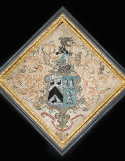 Sarah Henshaw, Henshaw and Bill Coat of Arms, 1748, Leicester, MA. Silk and metallic embroidery, appliqued wool, spangles, ink, silk. Photo by Gavin Ashworth.