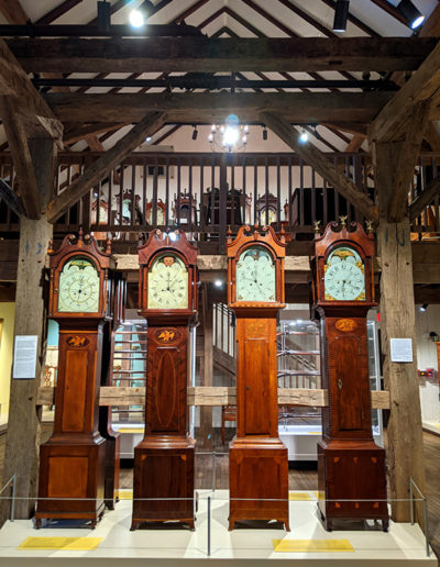 A tall clock exhibit at The John J. Snyder, Jr. Gallery of Early Lancaster County Decorative Arts at Historic Rock Ford.
