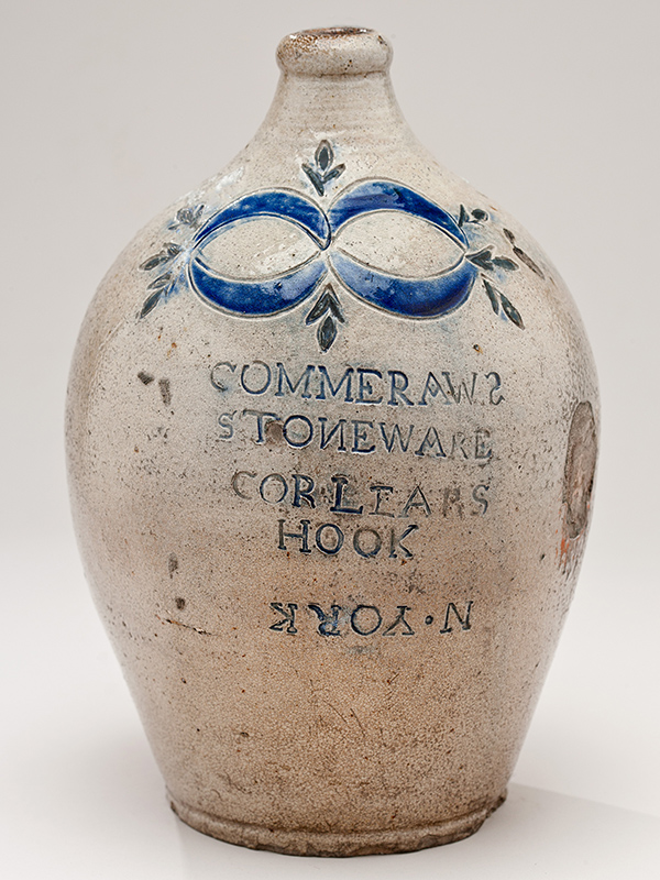 Thomas Commeraw, Jug, 1797-1819, New York, NY. Stoneware, cobalt oxide. Impressed on front: "COMMERAW'S/STONEWARE/CORLEARS/HOOK/N. YORK". New-York Historical Society, purchased from Elie Nadelman, 1937.820.