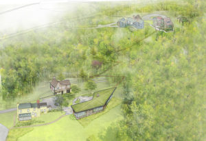 Figure 11. This rendering of Atkin Olshin Schade Architects’s Master Campus Plan for the WEM includes sketches of the 1956 workshop, studio, and woodshed in the top right; the Ramble in the middle; and Sunekrest, the barn, and the new visitor center in the bottom left.