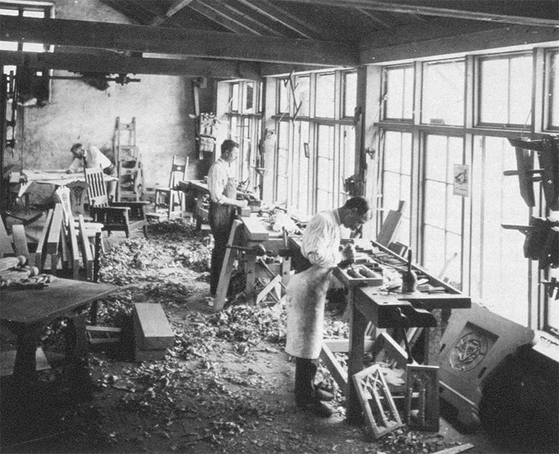 Figure 2. Rose Valley Shop, with John Maene (foreground) and William L. Price (far background), 1901-1906. Thomas/Price Collection, Athenaeum of Philadelphia.