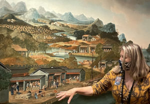 Karina Corrigan in PEM’s Asian Export Art Galleries, discussing a painting, 1790-1800, illustrating the production of tea.
